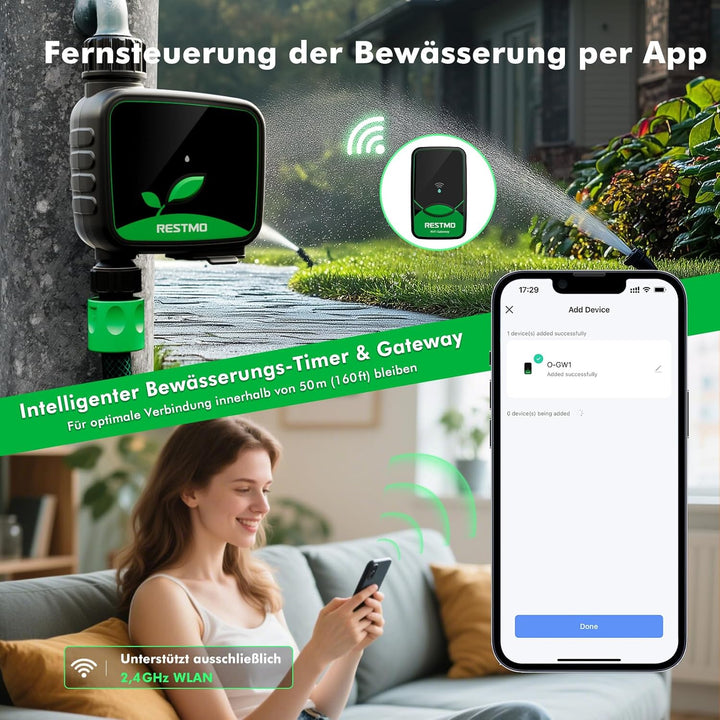 RESTMO WiFi-Bewässerungscomputer, programmierbare Wasserzeitschaltuhr für die Gartenbewässerung, 3 B