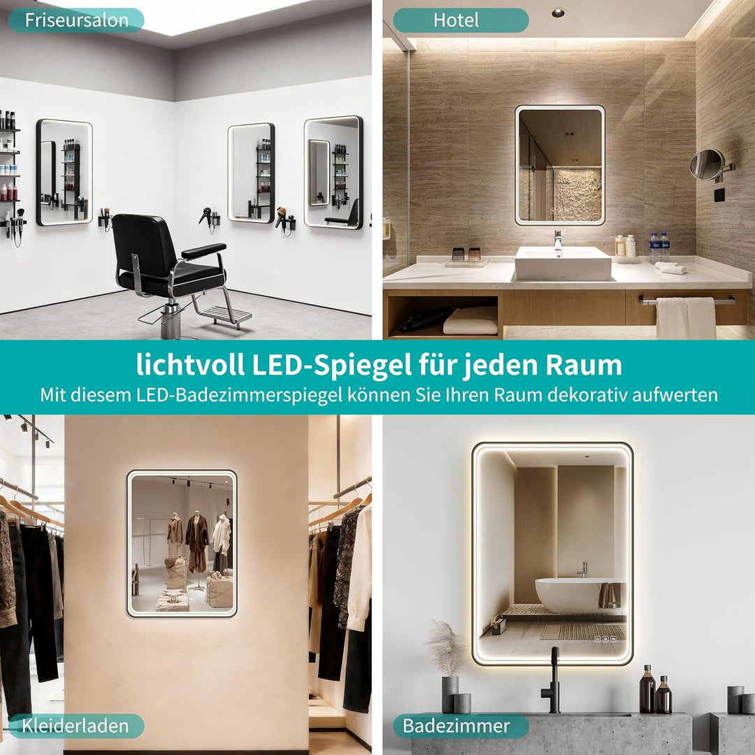 LED Badspiegel 50x70 cm mit Frontbeleuchtung, 3 Lichtfarben dimmbar, Touch-Schalter, Anti-Beschlag &