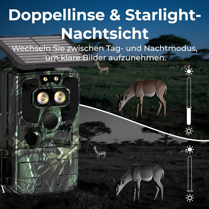 VOOPEAK Duales Objektiv Solar Wildkamera WLAN 4K 60MP, Sternenlicht Nachtsicht Wildkamera mit Handyü