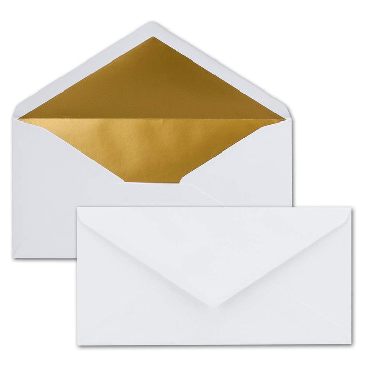 100 Brief-Umschläge DIN Lang - Weiss mit Gold-Metallic Innen-Futter - 110 x 220 mm - Nassklebung - f
