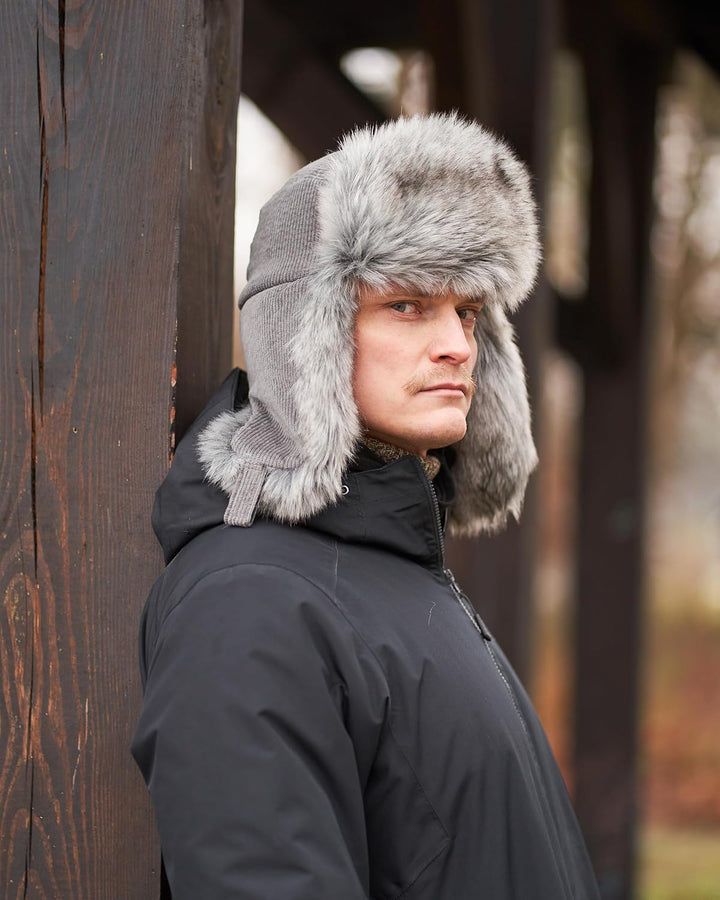 Futrzane Trappermütze aus Cord - Ushanka Herren - Fell Mütze mit Ohrenklappen S Grau - Silber Siberi