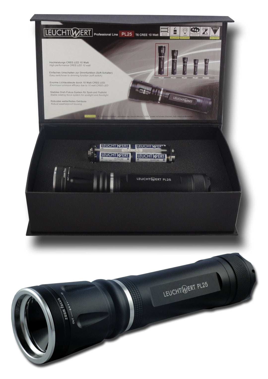 LEUCHTWERT LED Taschenlampe PL25, 10 W, 700 lm, Zoomlinse, inklusive Batterien, Geschenkbox 10025