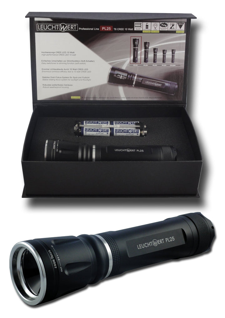 LEUCHTWERT LED Taschenlampe PL25, 10 W, 700 lm, Zoomlinse, inklusive Batterien, Geschenkbox 10025