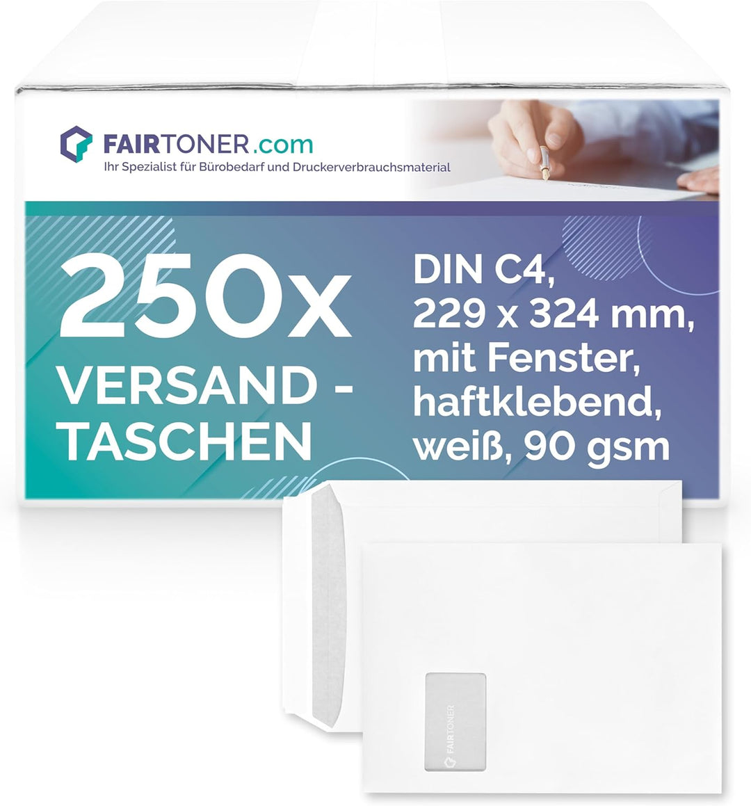 Versandtasche C4 (250 Stück Umschläge) Haftklebende Versandtaschen weiss 90gsm, mit Innendruck,mit F