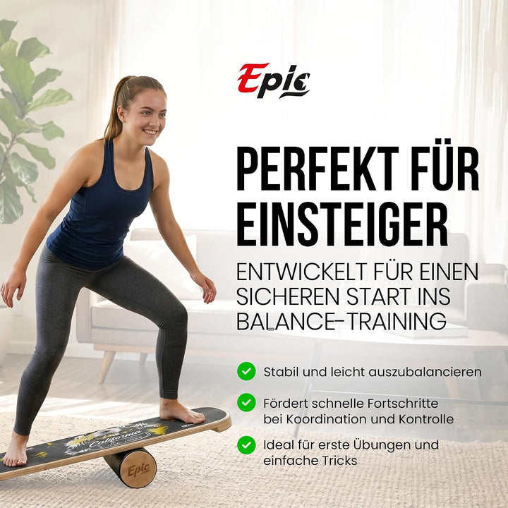 Balance Board mit Rolle – Balance-Trainer aus Holz für Fitness, Tennis, Leichtathletik sowie Surf- &amp;