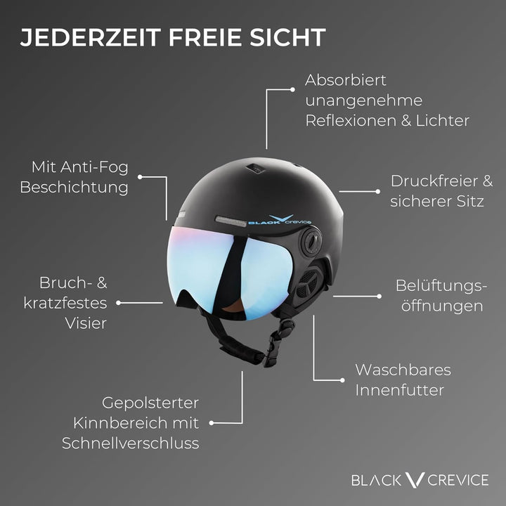Black Crevice Skihelm Saalbach I Skihelm mit Visier im Pilotenstyle I Skihelm Herren & Damen inkl. S