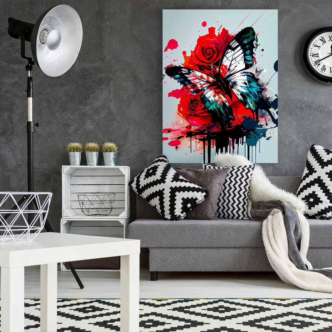wandmotiv24 Leinwandbild Digital Art, 60x45cm, Hochformat, Schmetterling, Rosen, Deko, Bilder auf Le