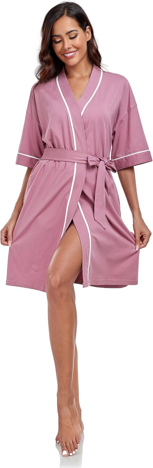 COLORFULLEAF 100% Baumwolle Bademantel Damen Kurz Morgenmantel Leicht Knielang Kimono Saunamantel Na