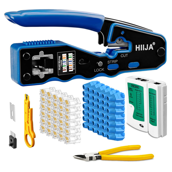 Hiija RJ45 Crimpzange, RJ45 Crimpwerkzeug Durchgang Cat5 Cat5e Cat6 Crimpwerkzeug-Set für RJ45 regul