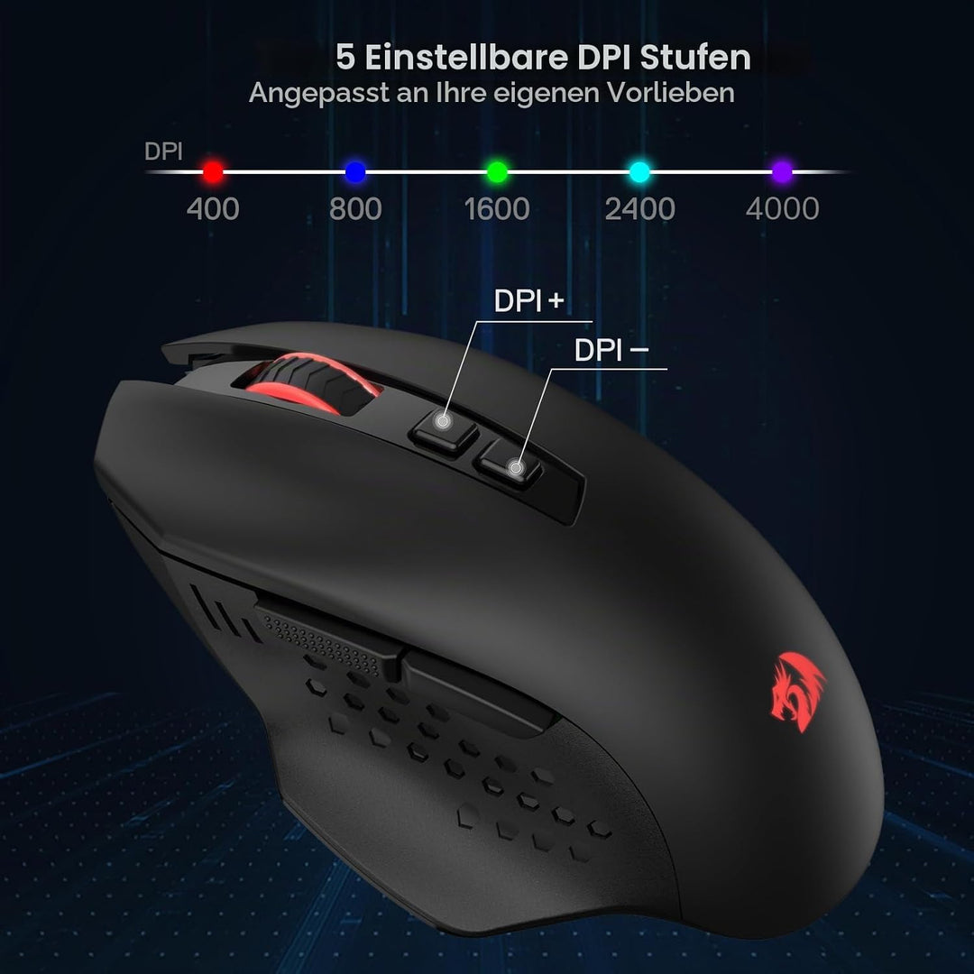Redragon M656 MAX 3-Modi Gaming Maus, 10000 DPI wiederaufladbare Gaming Maus mit 5 DPI-Stufen, 7 Mak