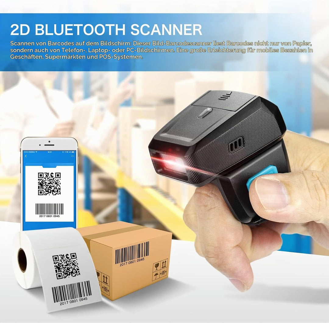 NETUM Mini Wireless 2D Ring Barcode Scanner Bluetooth, tragbarer Barcodeleser mit Ladestation und in