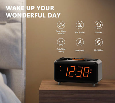 Radiowecker mit App-Steuerung, Bluetooth, FM-Radio, Dual Alarm von 4-Alarmmodi, Easy Snooze, Dimmer,