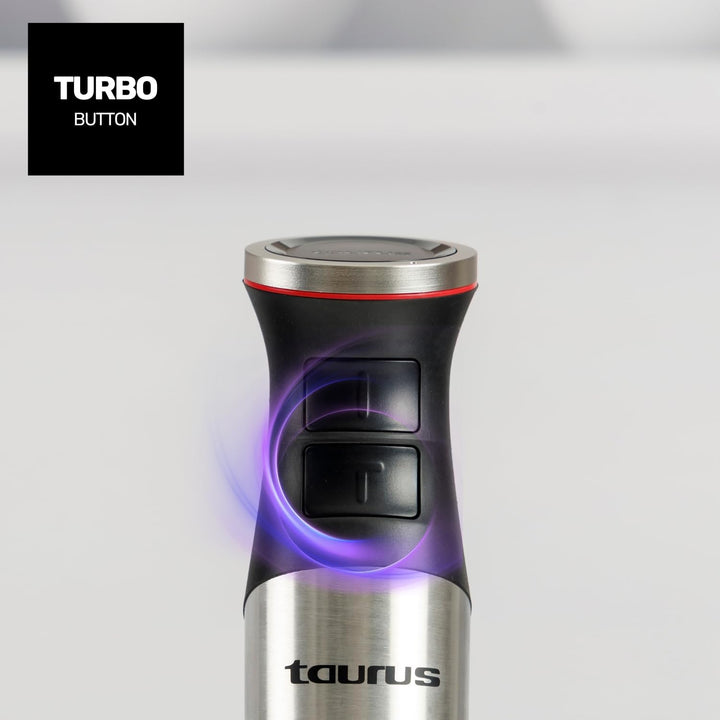 Taurus – Stabmixer 1500W | 20 Geschwindigkeiten + TURBO | Edelstahlklingen | Spritzschutzglocke | Er