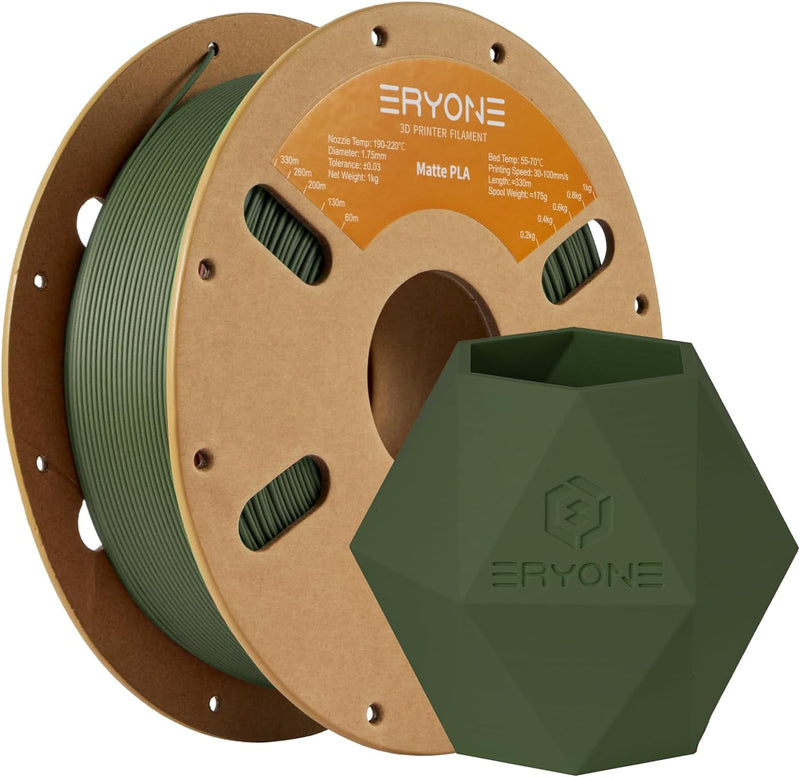 ERYONE 3D Drucker Matte Filament PLA 1 kg 1 Spool, 1.75mm +/-0.03mm, Matte Oliv grün Matte PLA-Oliv