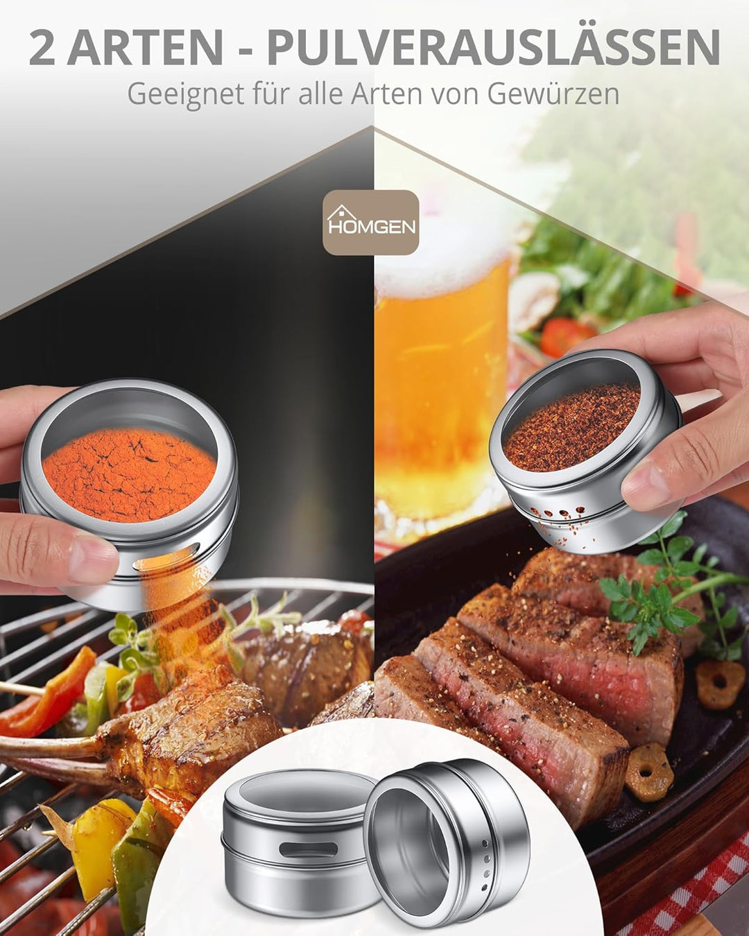 HOMGEN Gewürzdosen Magnetisch 12 Stück Edelstahl Gewürzgläser Set Magnet 100ml Gewürze Spice Jars Ma