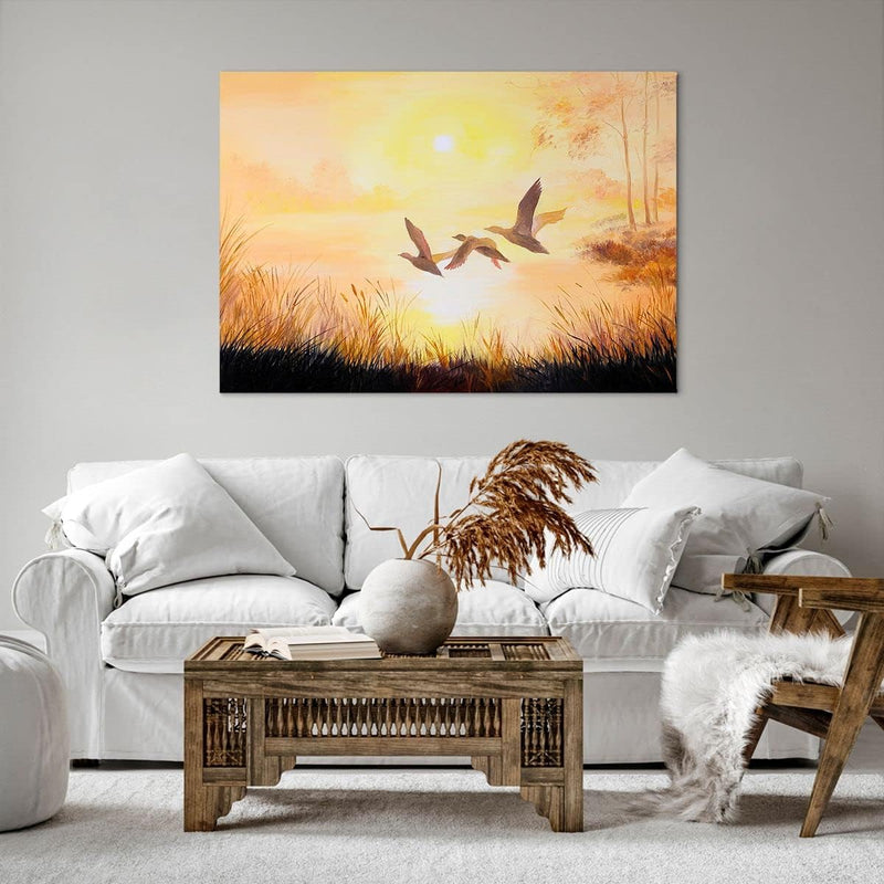 Bilder auf Leinwand 100x70cm Leinwandbild mit Rahmen Vogel Natur Wasser Gross Wanddeko Bild Schlafzi