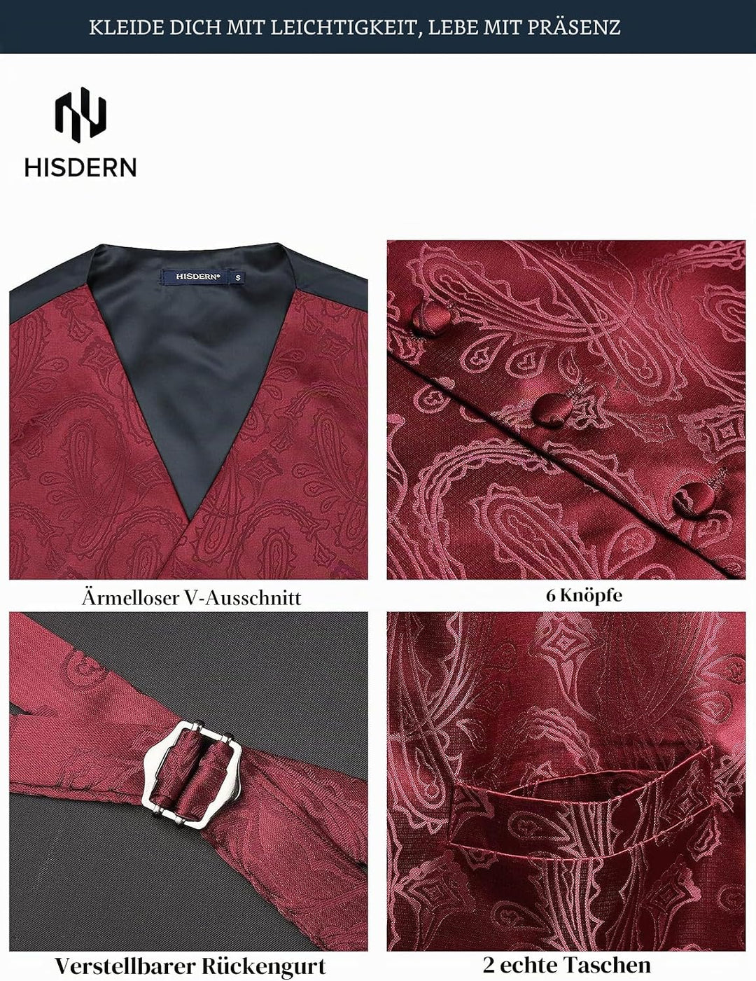 HISDERN Herren FLoral Hochzeit Weste Krawatte Einstecktuch Taschentuch Jacquard Weste Anzug Set M Bu