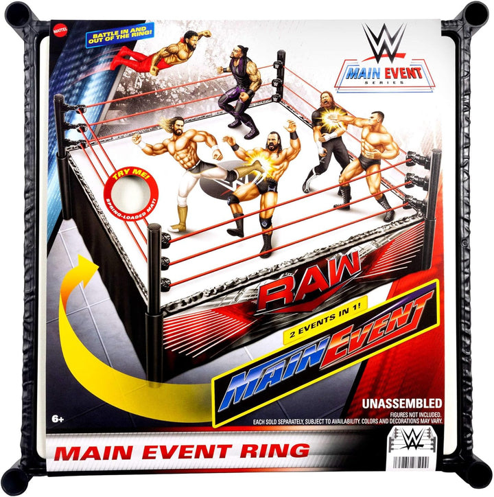 Mattel WWE Superstar-Ring mit Etiketten für Hauptkampf und RAW, Matte mit Sprungfedern und Ring mit
