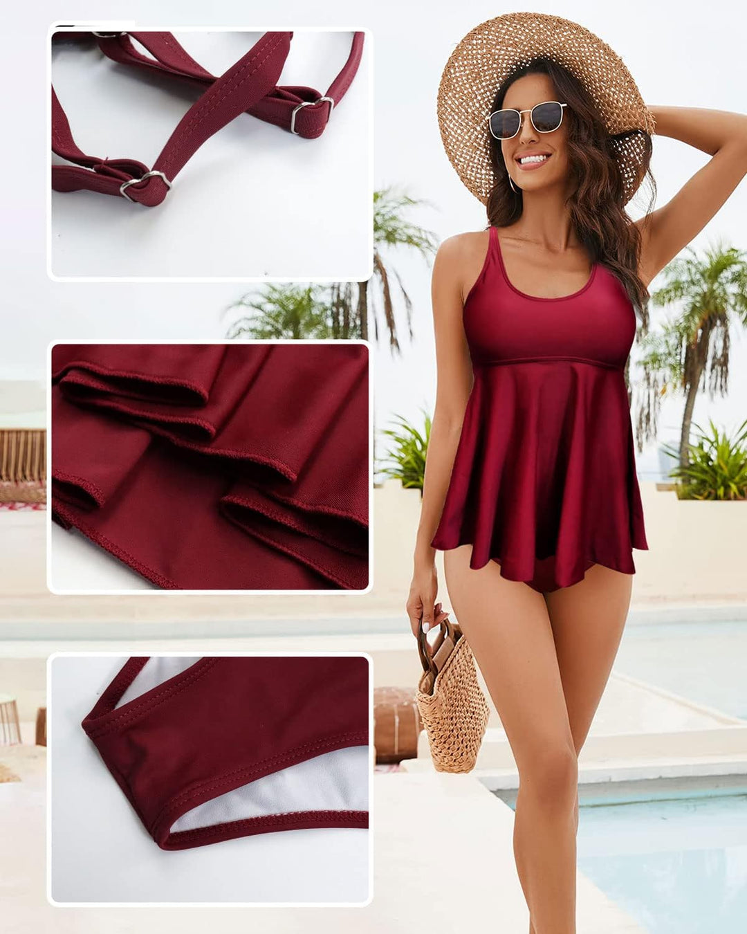 JFAN Tankini Damen Badeanzug Damen Bauchweg mit Rüschen Badekleider und Bikinihose S Rotwein, S Rotw
