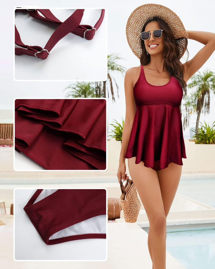 JFAN Tankini Damen Badeanzug Damen Bauchweg mit Rüschen Badekleider und Bikinihose S Rotwein, S Rotw
