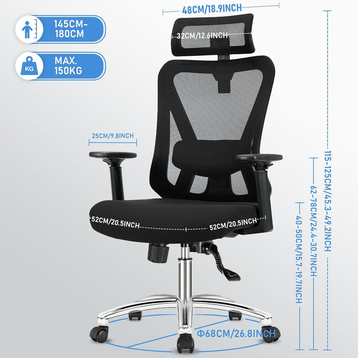 Durrafy Ergonomischer Bürostuhl, Schreibtischstuhl hat Kopfstütze, Lendenwirbelstütze, Armlehnen, Hö