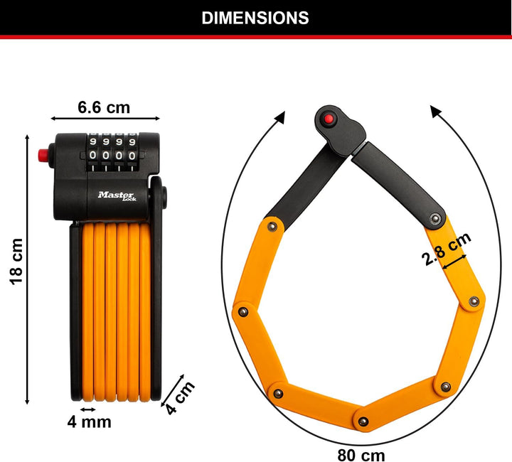 Master Lock Kombinations-Faltschloss Gehärtete Stahlglieder, inkl. Halterung und Befestigung, 80cm K