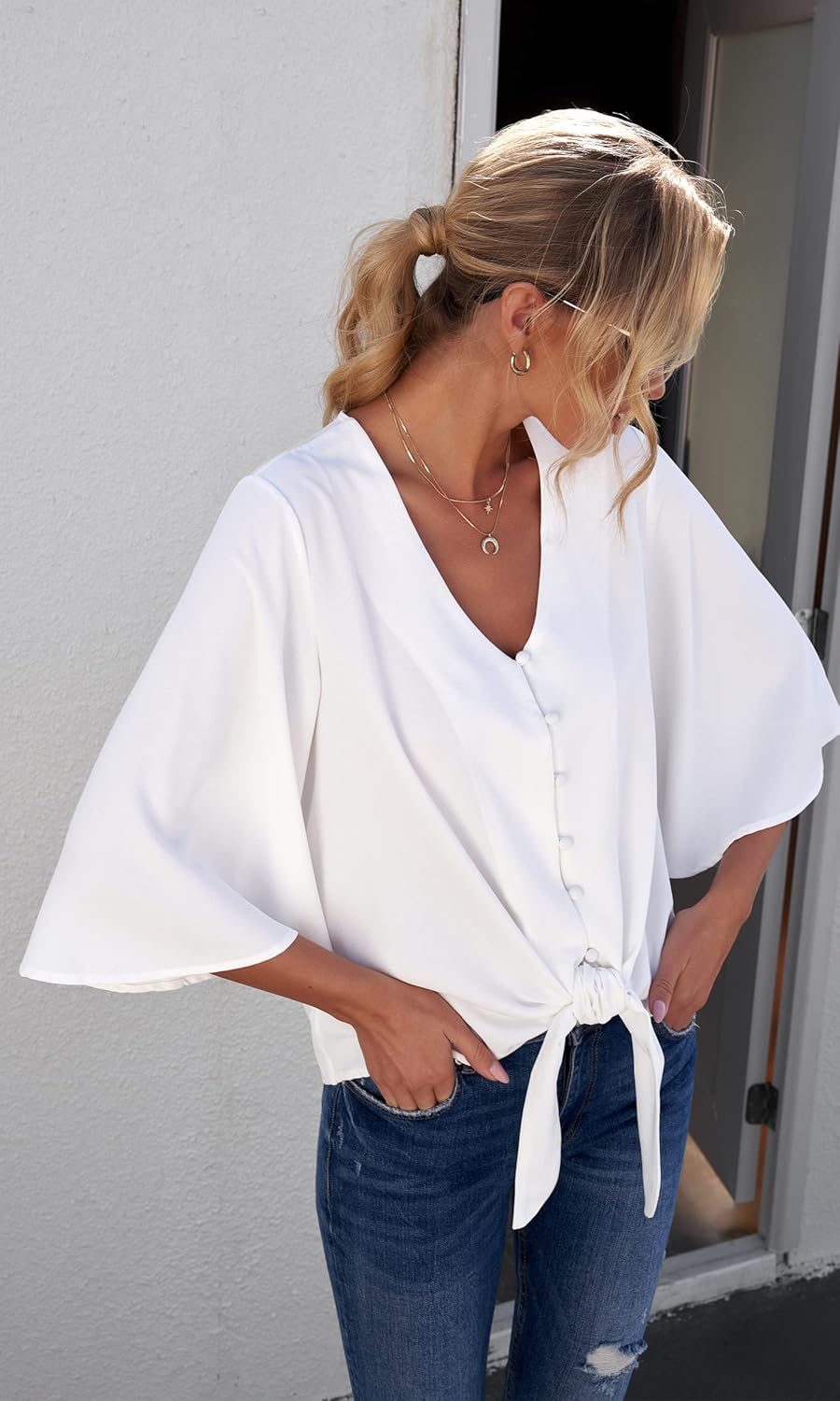 Roskiky Damen Bluse Chiffon Elegant V-Ausschnitt Bell Sleeve Fledermausärmel Oberteile Hemd Loose To