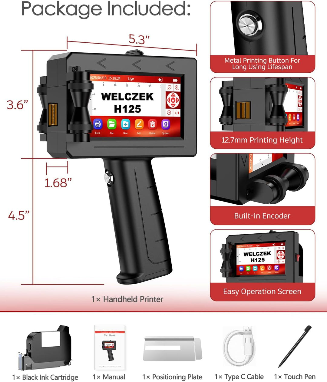 H125 Tragbarer Handdrucker - Hand Tintenstrahldrucker von Texten/Logos/QR-Codes/Strichcodes/Datum/Se