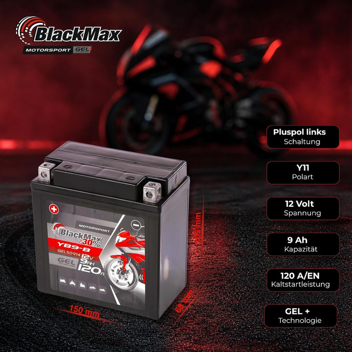 BlackMax YB9-B Motorradbatterie GEL 12V 9Ah Batterie YB9-BS CB9-B GM9Z 12N9-4B-1 9Ah - 120A - YB9-B,