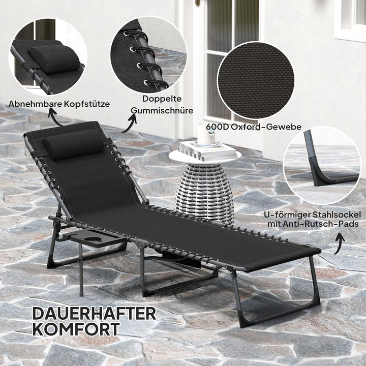 Outsunny Sonnenliege klappbar Gartenliege mit Kopfkissen, Liegestuhl mit 5-Fach verstellbare Rückenl