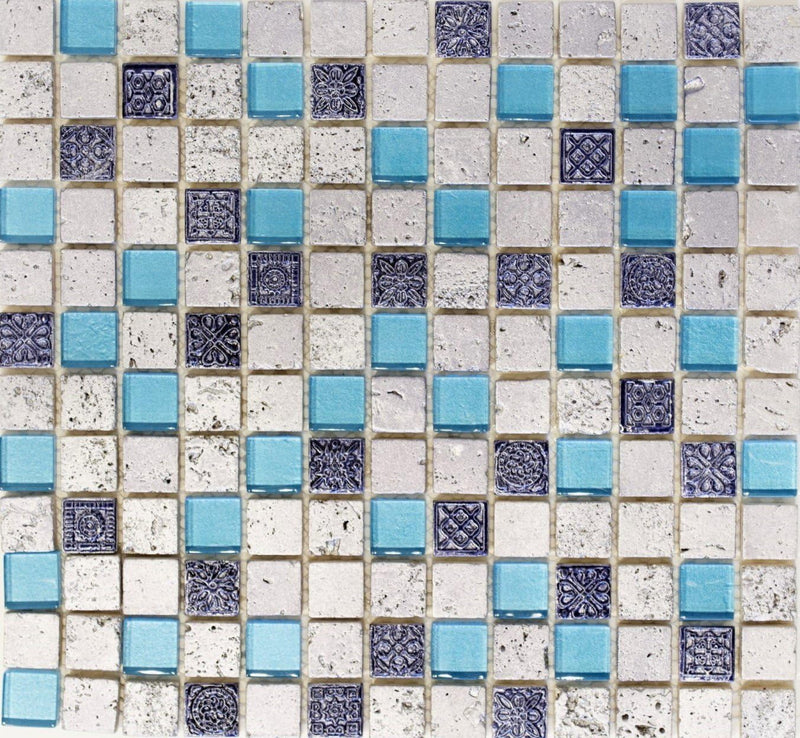 Glasmosaik Quadrat Crystal/Stein/Resin mix blau Rustikal, Mosaikstein Format: 23x23x8 mm, Bogengröss