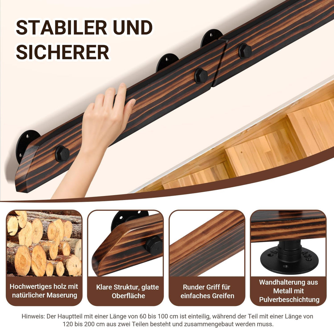 Ikodm Kiefernholz Handlauf Treppengeländer 150cm Geländer für Treppe Treppe Wandhandlauf Wand Treppe