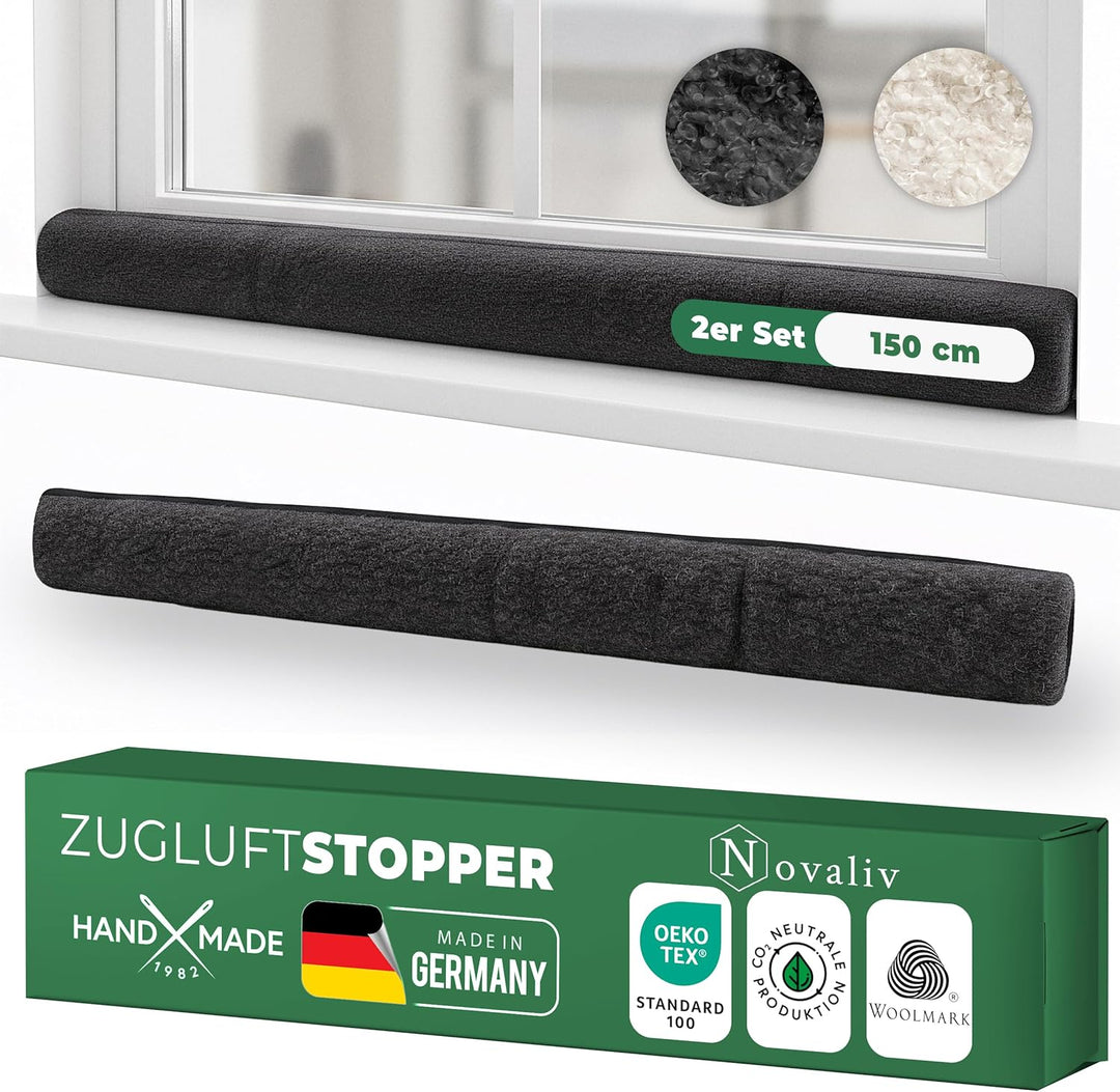Zugluftstopper für Fenster 150cm Anthrazit Schurwolle – stoppt Zugluft & Kälte, dämpft Lärm/Staub/Li