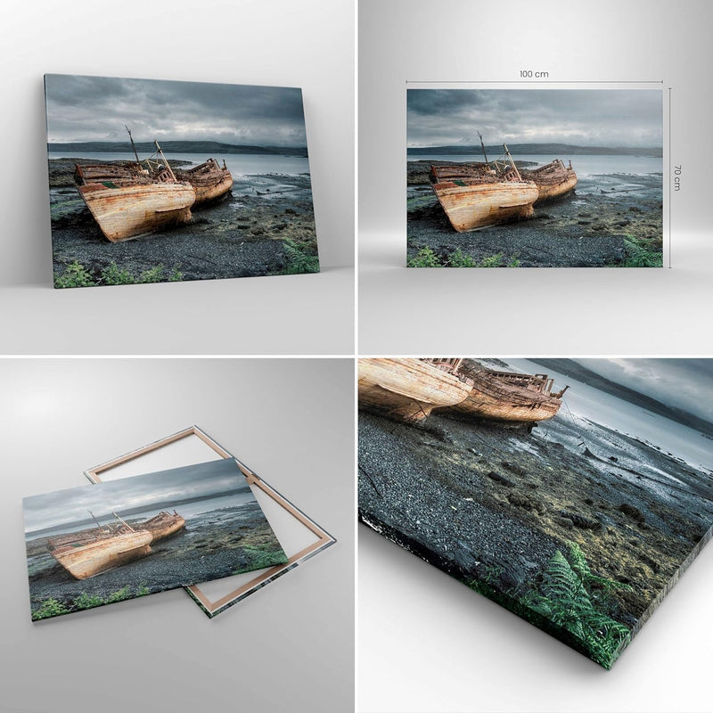 Bilder auf Leinwand 100x70cm Leinwandbild mit Rahmen Boot Wrack Ufer Gross Wanddeko Bild Schlafzimme