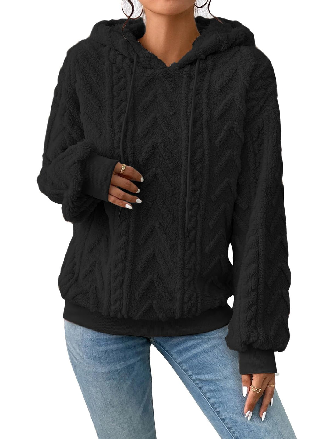 Zetieny Hoodie Damen Kapuzenpullover Teddy Fleece Double Fuzzy Fluffy Jacquard Pullover Lässiges War