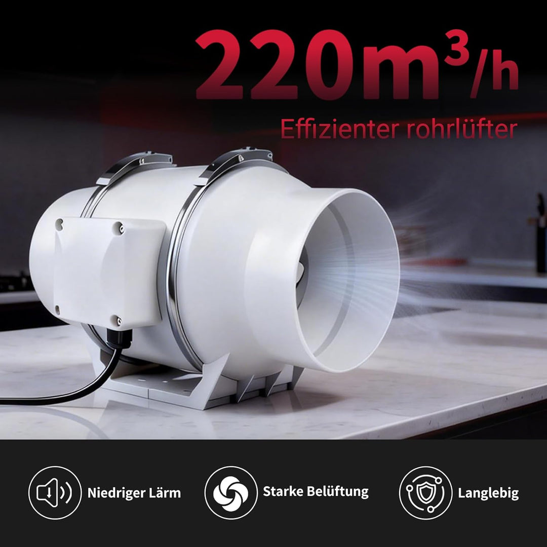 Regelbar Rohrventilator 100mm Set 220 m³/h Abluftset mit Drehzahlgeregelt Abluftventilator,Aktivkohl