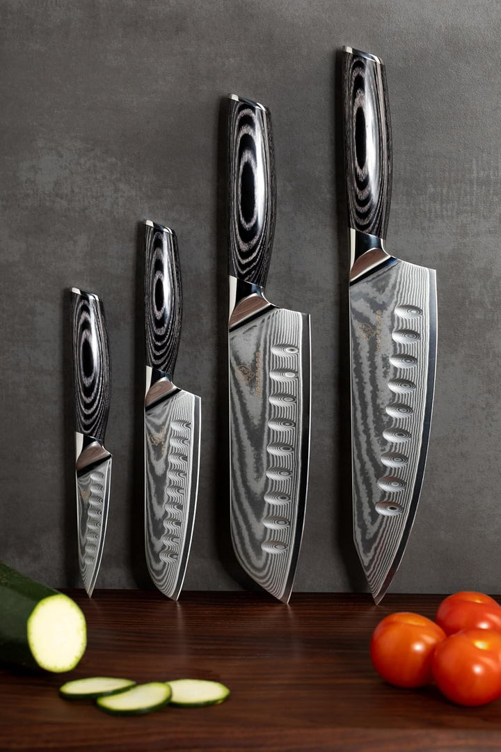 Wolfblood PRO 4er Damastmesser Set XL (33, 31, 23 & 19cm) TÜV geprüfter 62 HRC Damaststahl aus 67 La