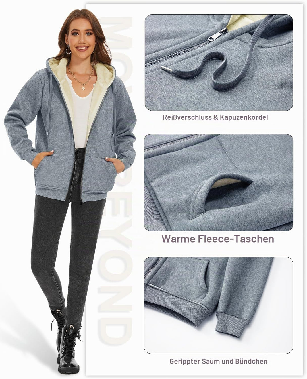 MOVE BEYOND Sweatjacke Damen Kapuzenjacke Hoodie Fleece mit Zipper Fleecepullover Fleecejacke mit Ka