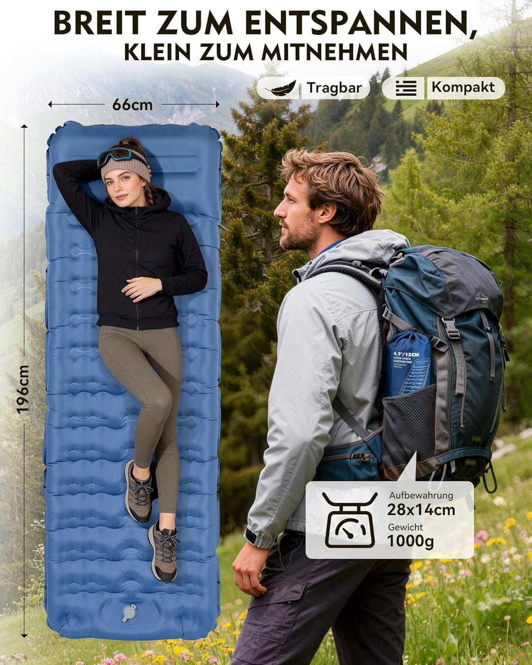 HIKENTURE Isomatte Camping, 12CM Ultradicke Isomatte Ultraleicht mit Kissen, Aufblasbare Matratze Kl