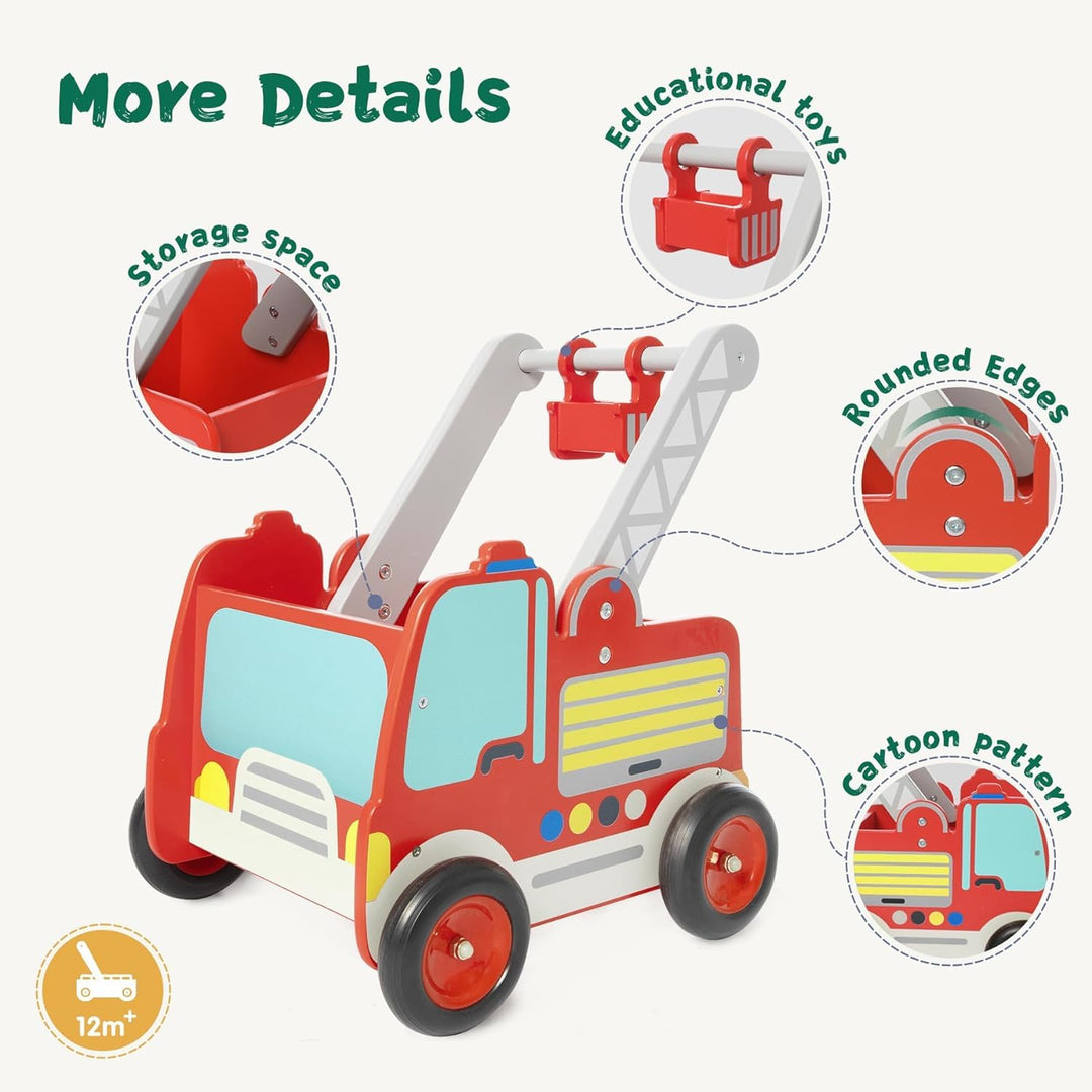 labebe Rot Feuerwehrauto Lauflernwagen Holz Baby Push Pull Lauflernhilfe Spielzeug mit Rädern für Ju