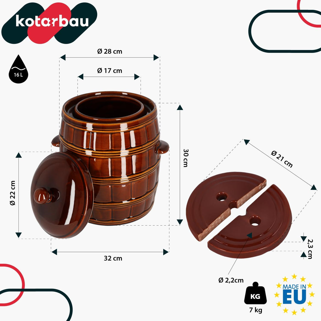 KOTARBAU® Gärtopf 16 L Steinguttopf mit Deckel und Beschwerungsstein Hermetisch Sauerkrauttopf Gurke