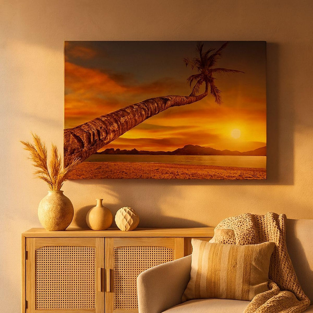 ARTTOR Bilder auf Leinwand 100x70cm Leinwandbild Palme Landschaft Sonne Gross Wanddeko Bild Schlafzi