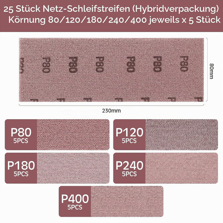Netz Schleifstreifen 80 x 230mm，25 Stück Profi-Schleifgitter mit 80/120/180/240/400 Körnung, für Han