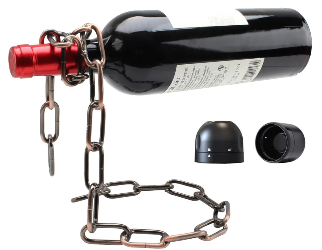 Weinflaschenhalter Kette schwebend inkl. Wein und Sektstopper - Magischer Design Weinhalter aus hoch