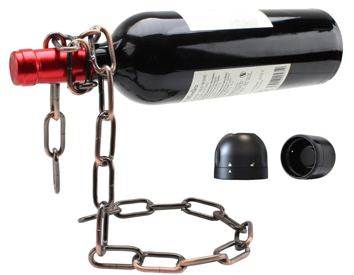 Weinflaschenhalter Kette schwebend inkl. Wein und Sektstopper - Magischer Design Weinhalter aus hoch
