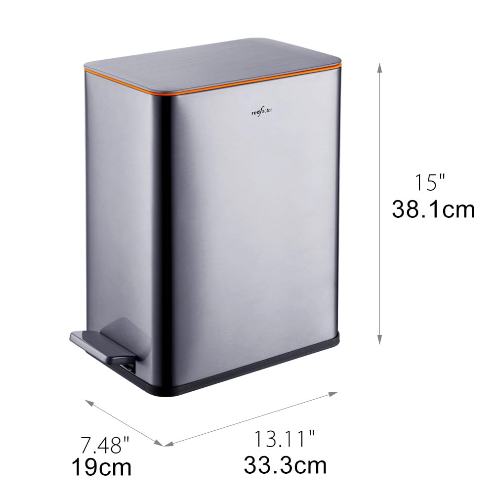 RED FACTOR Schmaler 10L Edelstahl Treteimer für enge Räume – Mülleimer mit Soft-Close-Deckel und her