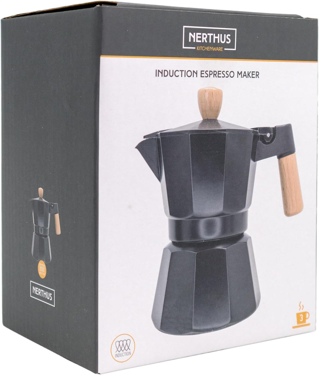 Nerthus FIH 1251 Espressokocher Induktion 3 Tassen schwarz Holzdesign Aluminium für Kaffee 3 TAZAS S
