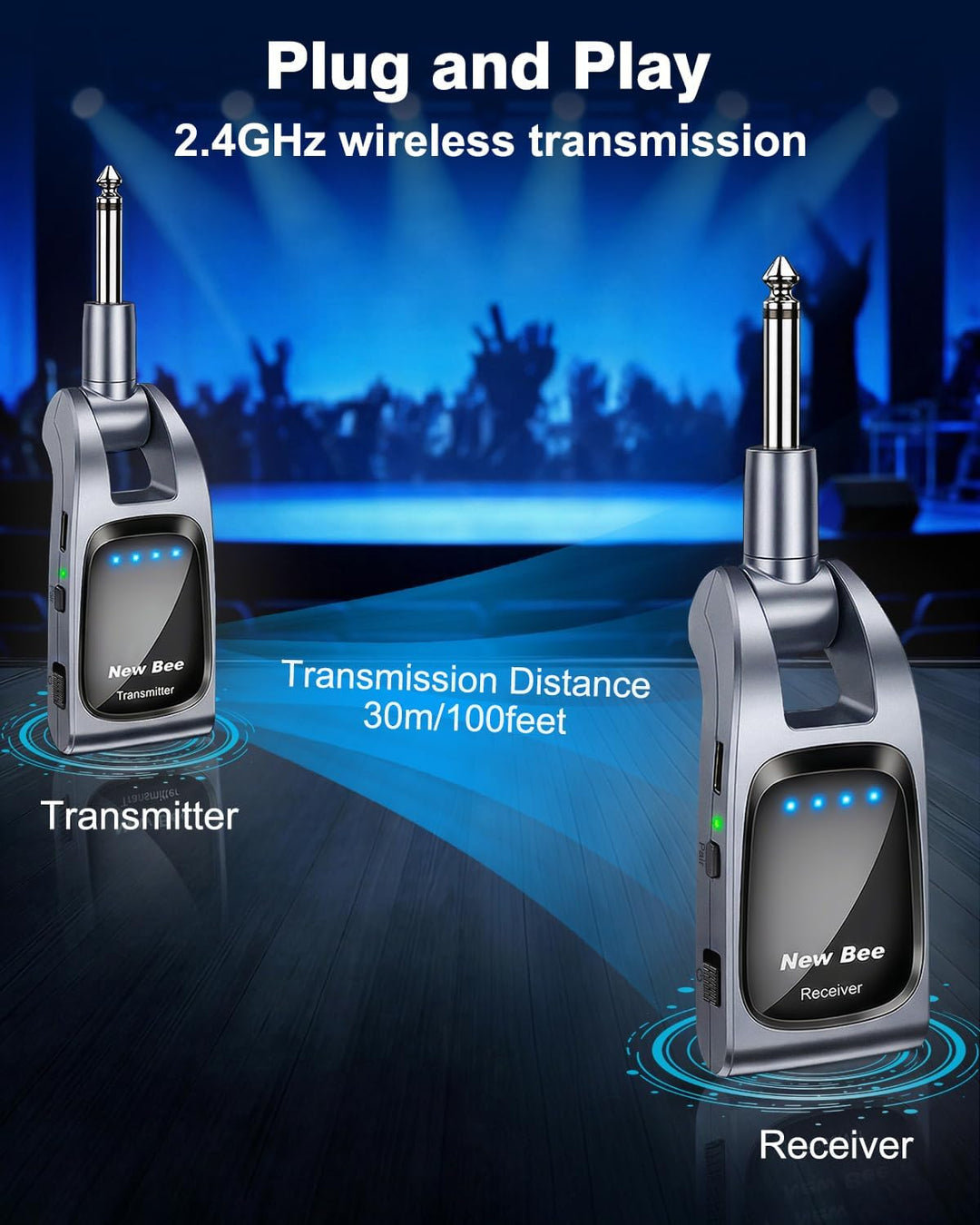 Kabelloses Gitarrensystem, 2,4 GHz mit 6 Kanälen, wiederaufladbar, Audio, kabellos, Bass-Sender, Emp