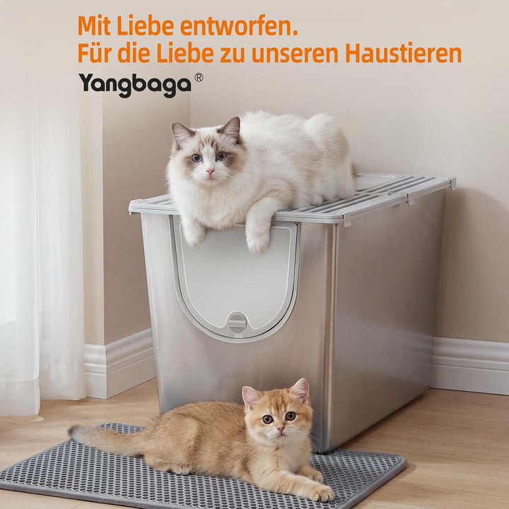 Yangbaga Katzenklo Edelstahl mit Deckel,XXL Geschlossene Katzentoilette mit Hohem Rand,Katzenklo Met
