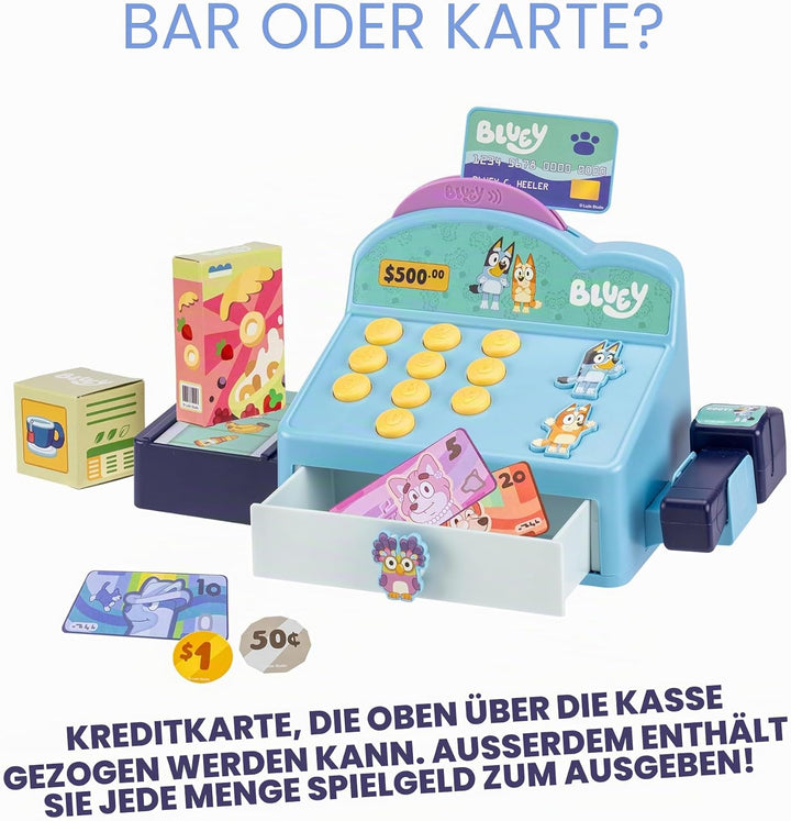 Bluey – Kasse. Drücke auf die Knöpfe, um Pieptöne, Geräusche und Sätze von Bluey und Bingo abzuspiel